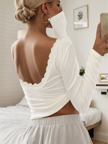 Damen Langarmshirt Spitzenverzierung Tiefes Rückenkleid