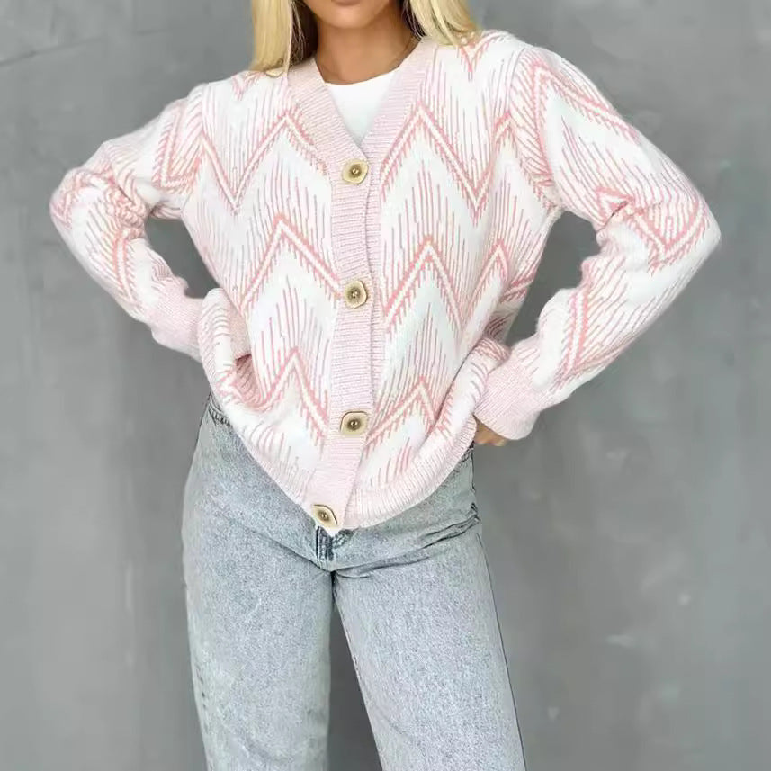 Damen Strickjacke Zigzag-Muster Knöpfe Beige