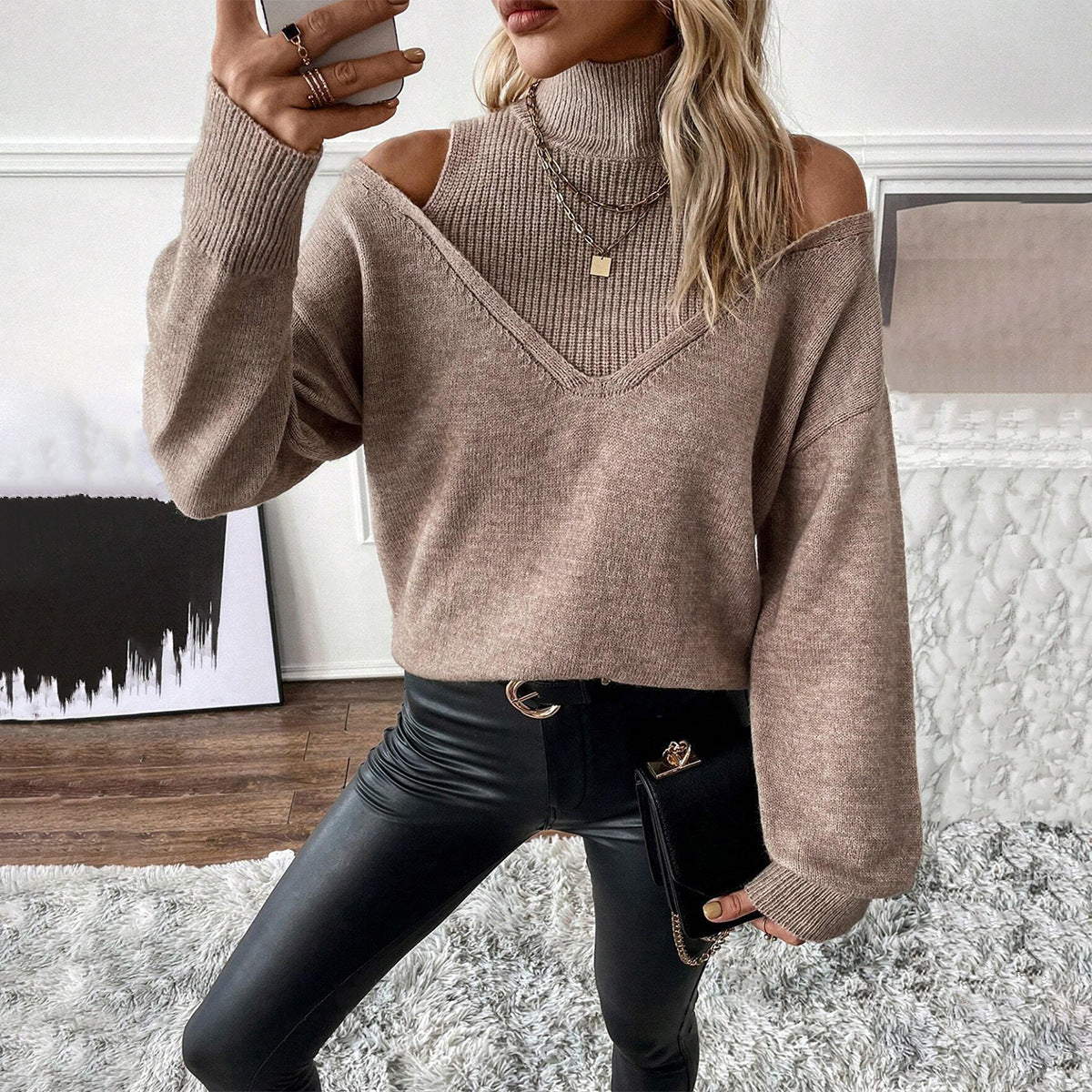 Damen Off-Shoulder Rollkragenpullover Strick - Norvielle
