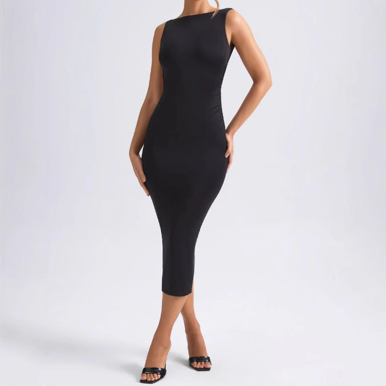 Damen Midi-Kleid Figurbetont mit Ausschnitt schwingend Schwarz - Norvielle