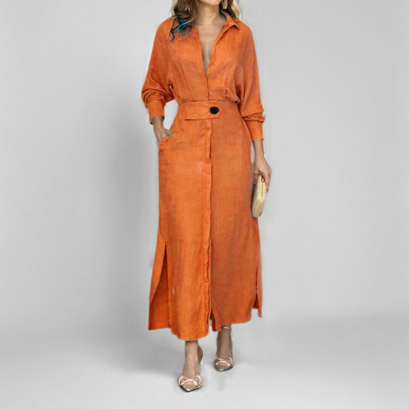 Damen Hemdblusenkleid V-Ausschnitt Elegantes Knopfdesign