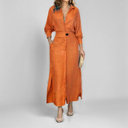 Damen Maxikleid V-Ausschnitt Gürtel Elegantes Kleid