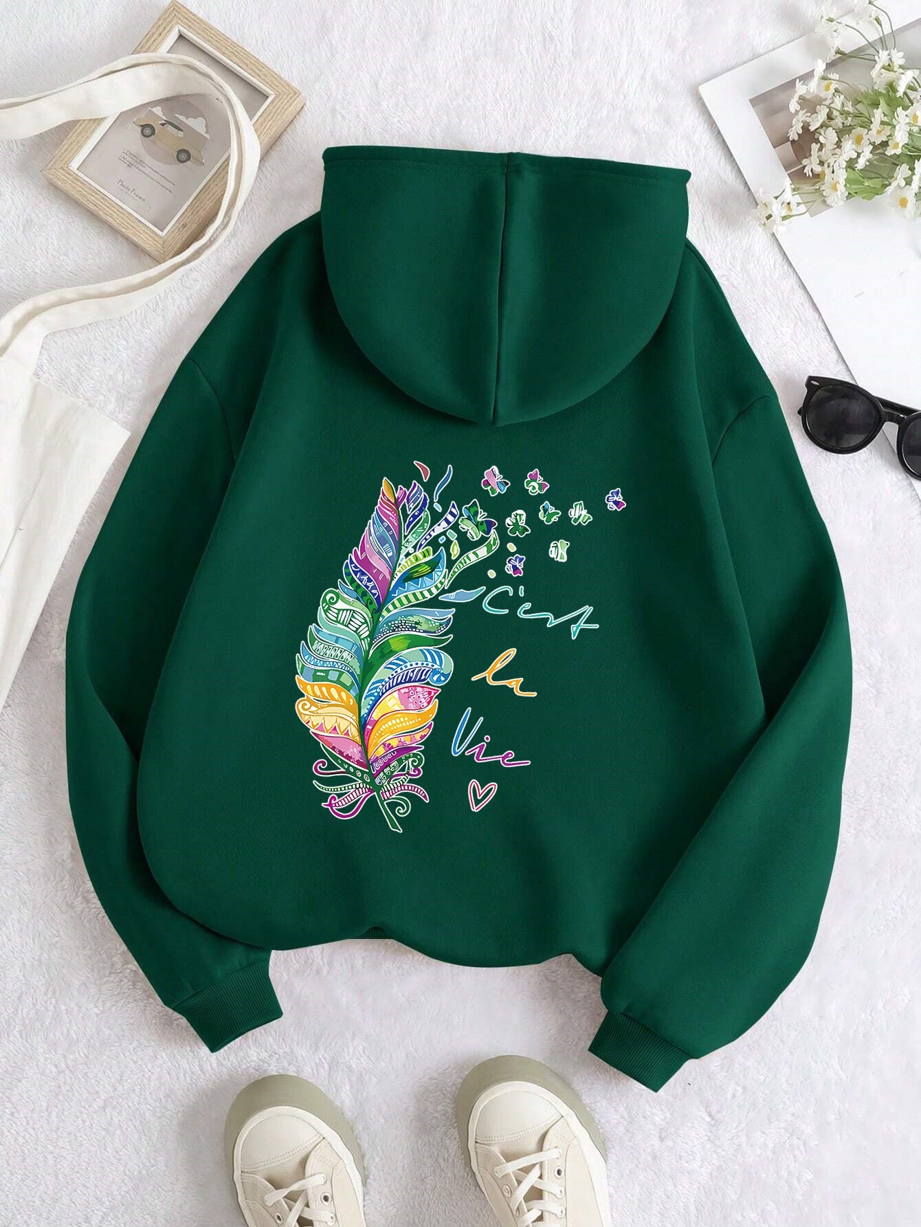 Damen Kapuzenpullover Bunt Federmuster