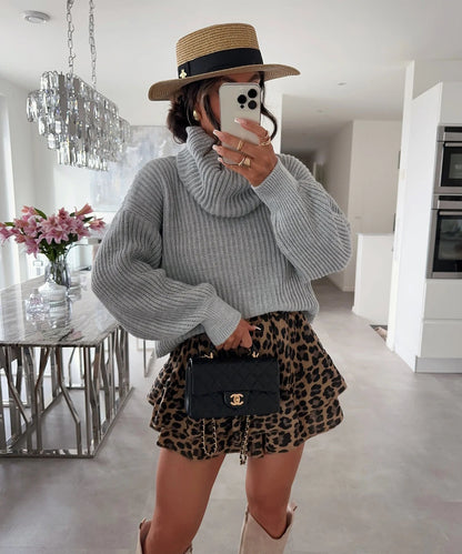 Damen Grobstrickpullover Hochkragen Weite Ärmel Norvielle