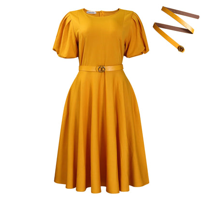 Damen Midi-Kleid Puffärmel Taillengürtel