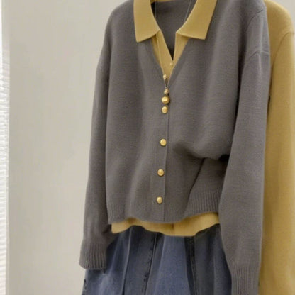 Damen Strickjacke Elegant Kragen Große Knöpfe Beige
