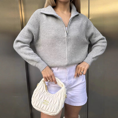 Damen Grobstrickpullover Norvielle Hochkragen Reißverschluss Beige