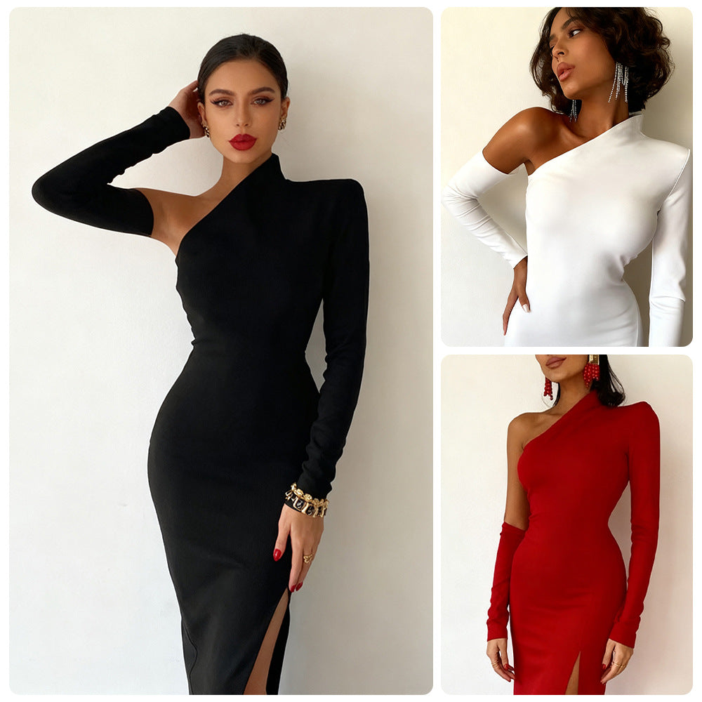 Damen Abendkleid Asymmetrisch Langarm Hochschlitz Norvielle - Norvielle