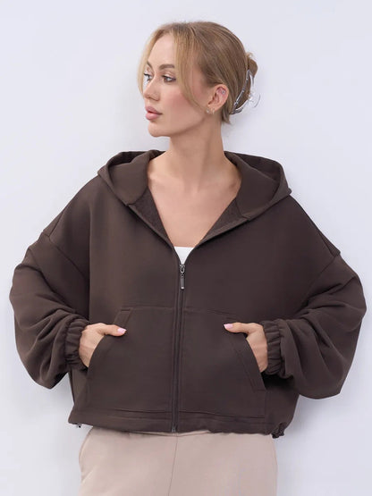 Damen Cropped Kapuzenjacke Reißverschluss Übergroße Ärmel Norvielle