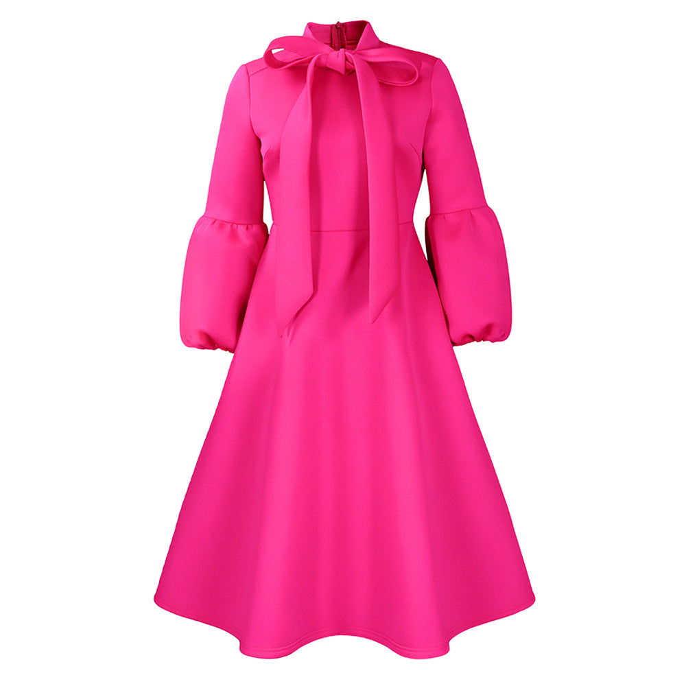 Damen Midi-Kleid Längere Puffärmel Elegante Schleife