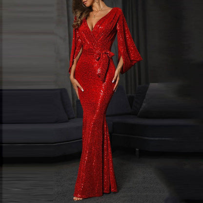 Damen Abendkleid Paillettenbesatz Weite Ärmel Norvielle