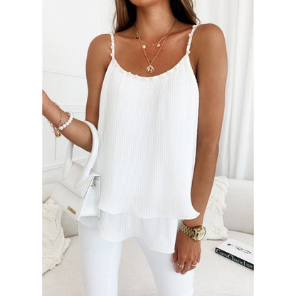 Damen Oberteil Chiffon Plissee Perlen Weiss