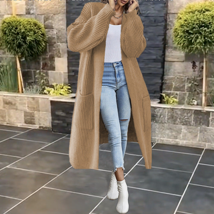 Damen Grobstrick-Cardigan Offenes Frontdesign Mit Taschen Beige