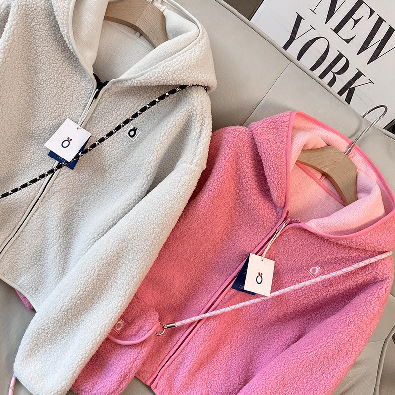 Damen Fleecejacke mit Kapuze und Umhängetasche Kuschelig Grün