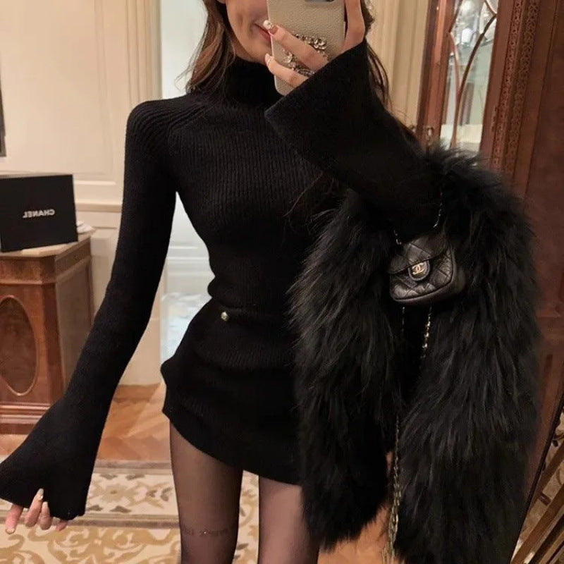 Damen Strickkleid Hohler Kragen Weite Ärmel Norvielle