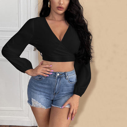 Damen Cropped Oberteil V-Ausschnitt Puffärmel Norvielle