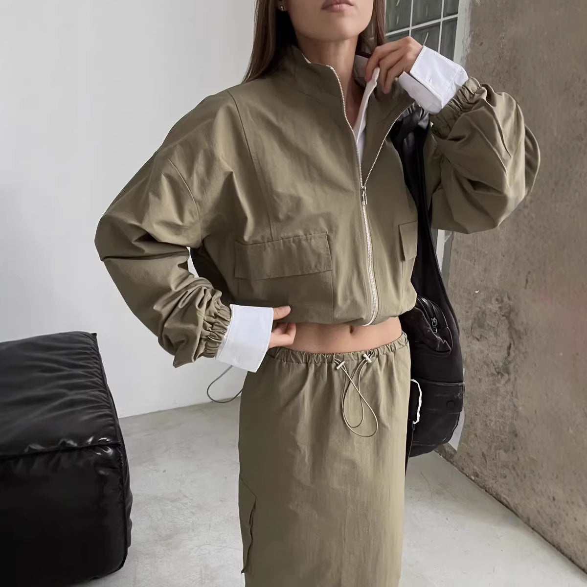 Damen Utility-Jacke Hochkragen Taillenregulierung