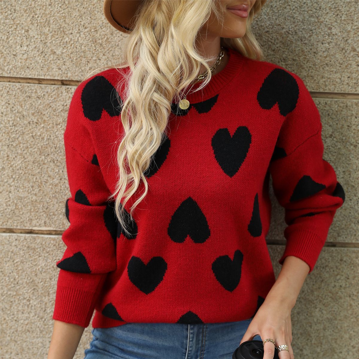 Damen Pullover Herzenmuster Lässiger Schnitt Norvielle