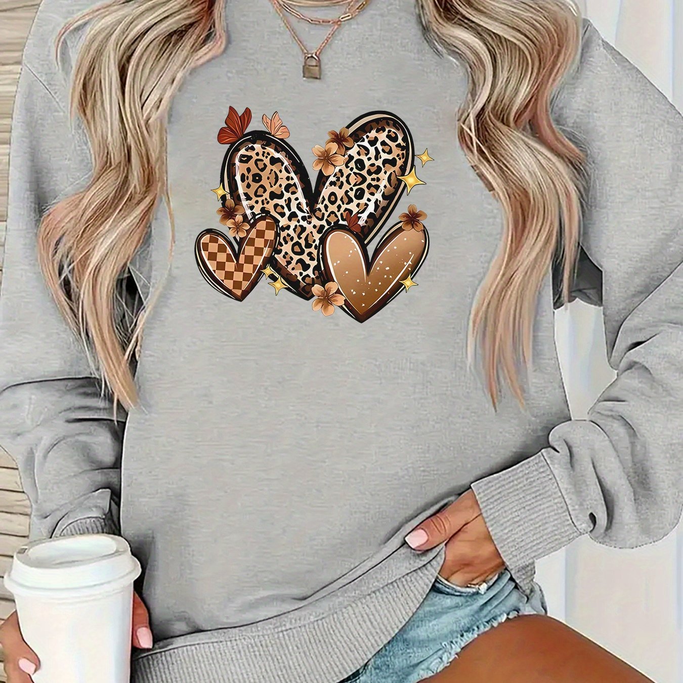 Damen Sweatshirt Herzmotive Baumwolle Weiß