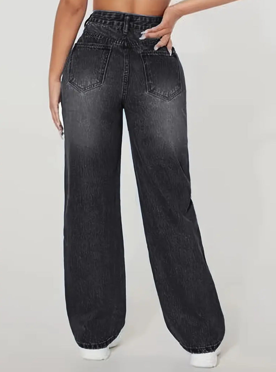 Damen High-Waist Jeans Ripped gerades Bein