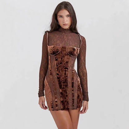 Damen Minikleid Spitze Samt Detail Figurbetont Schwarz - Norvielle