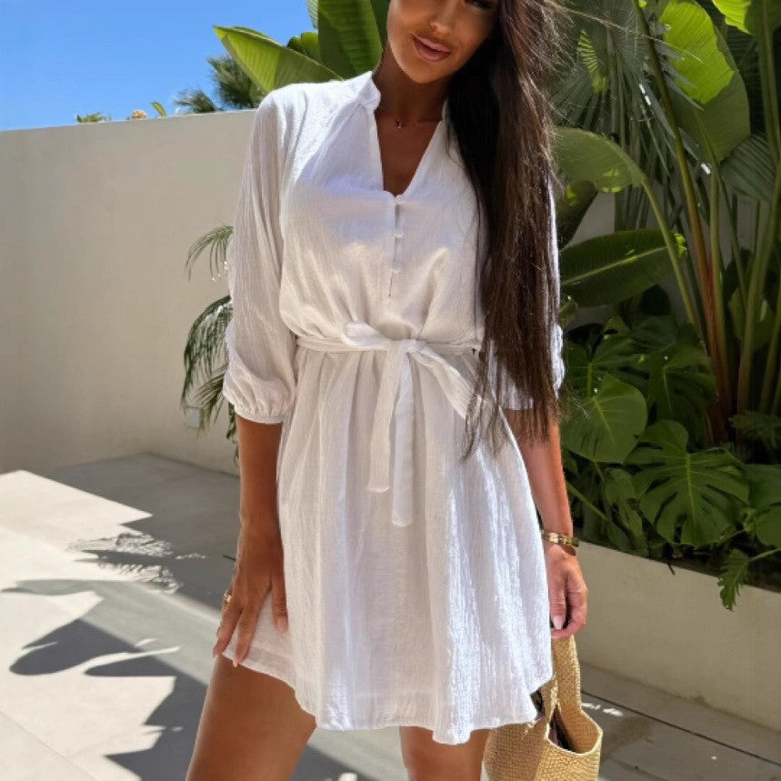 Damen Hemdblusenkleid mit Gürtel und Puffärmeln Norvielle