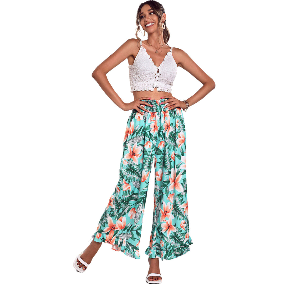 Damen Strandhose Floralmuster Elastischer Bund Norvielle