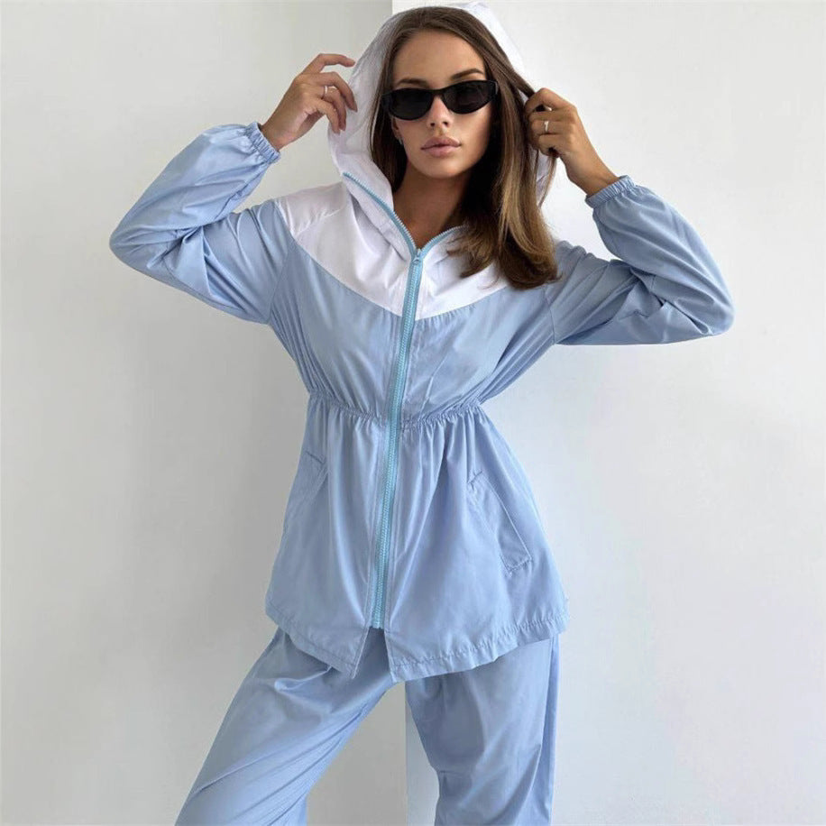 Damen Sportlicher Windbreaker Anzug Elastisch Kontrast Einsätze - Norvielle