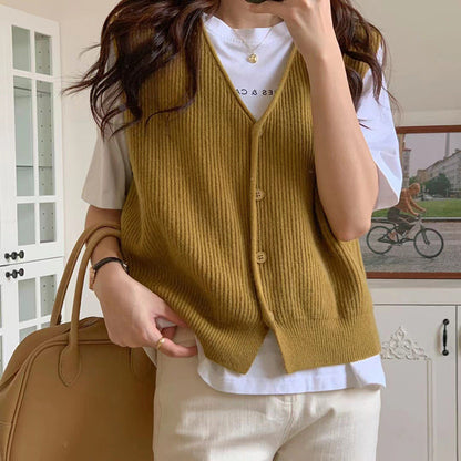 Damen Strickweste Klassisch Rippenstruktur Beige