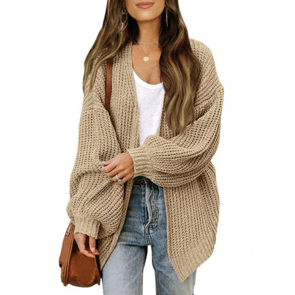 Damen Strickjacke Oversized Luftig V-Ausschnitt Beige - Norvielle