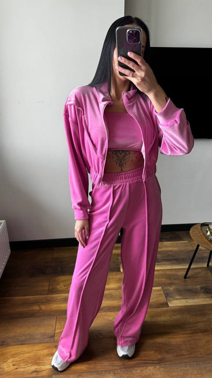 Damen Velours Loungewear-Set Cropped Jacke Weite Hose Norvielle