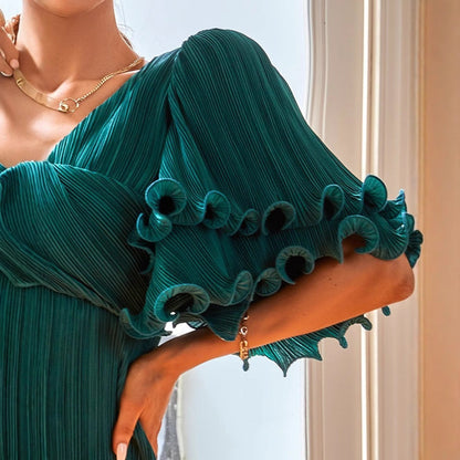 Damen Midi-Kleid Plissiert V-Ausschnitt Norvielle