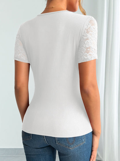 Damen Spitze Manschettenbluse Kurze Ärmel Spitze Ausschnitt Weiß