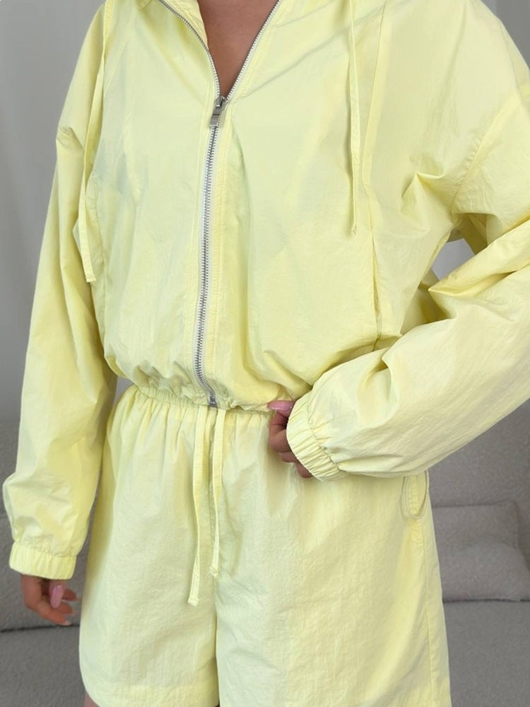 Damen Sportset Kurzarm Kapuzenjacke Elastisch