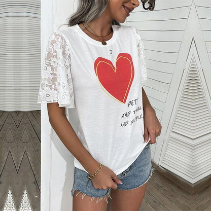 Damen T-Shirt Spitzenärmel Herz-Print