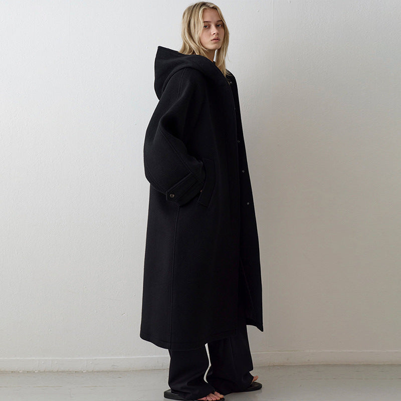 Damen Wollmantel Oversized mit Kapuze und Taschen
