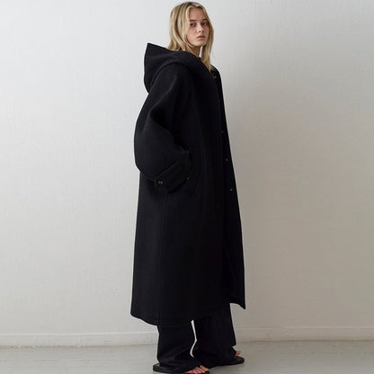 Damen Wollmantel Oversized mit Kapuze und Taschen