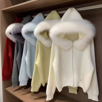 Damen Rippenstrickjacke Soft Norvielle Pelzkragen