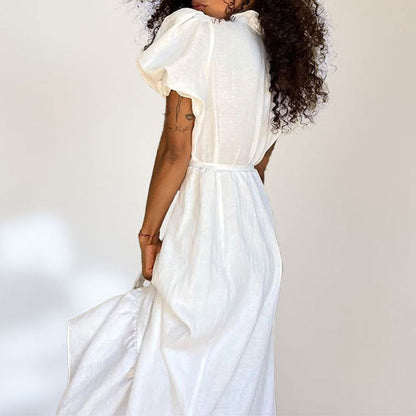 Damen Maxikleid Wickeloptik Rüschensaum Norvielle