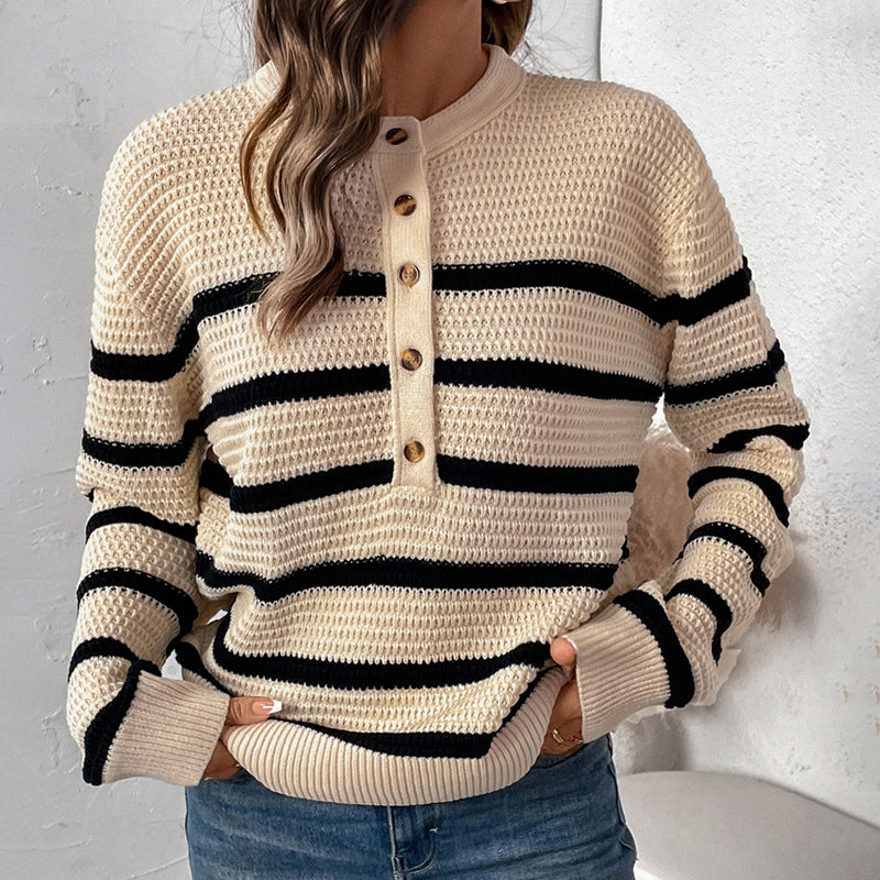 Damen Strickpullover Lässig Gestreift Mit Knöpfen Beige