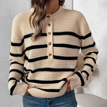 Damen Strickpullover Lässig Gestreift Mit Knöpfen Beige