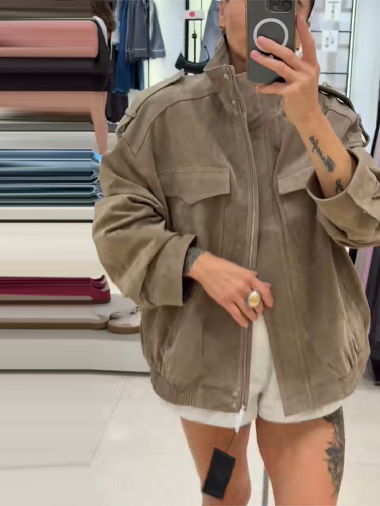 Damen Oversized Wildlederjacke Bequem
