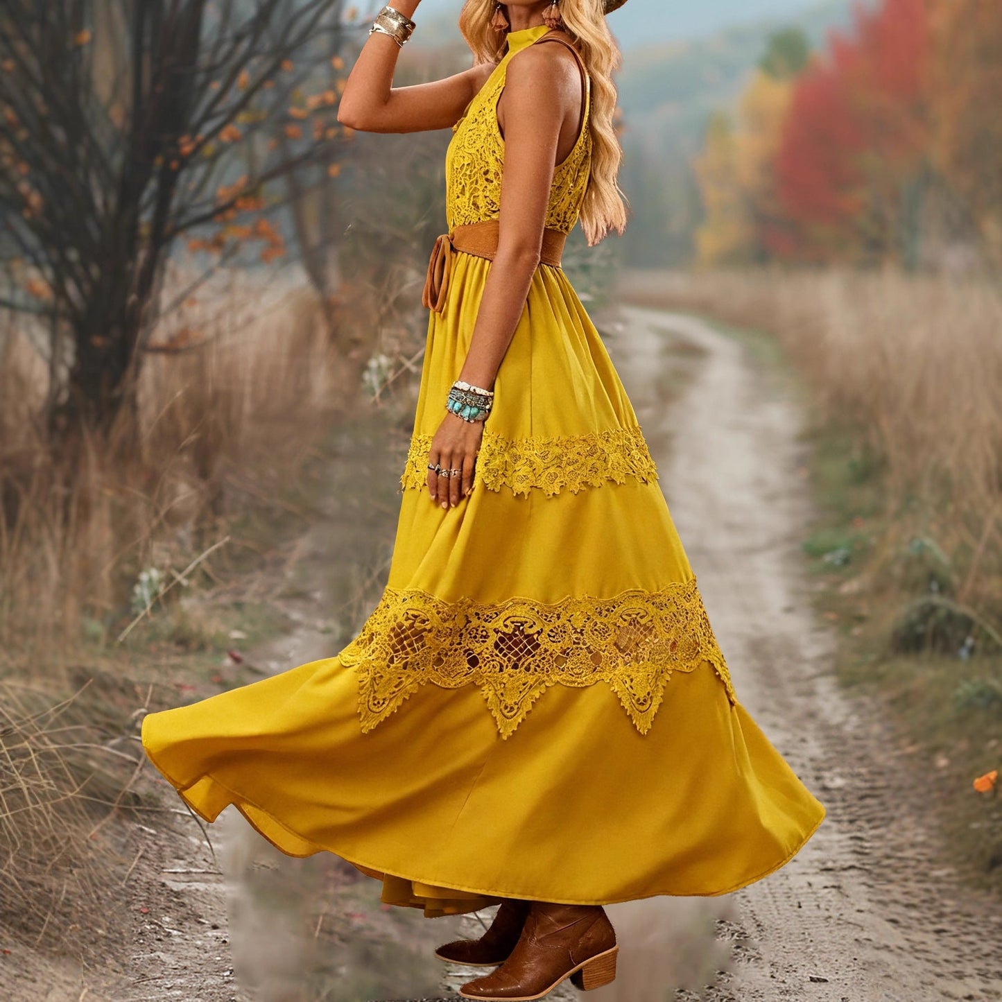 Damen Maxikleid mit Spitzenakzenten und Gürtel Details