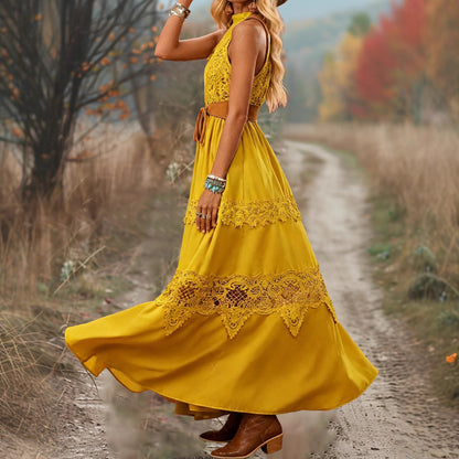 Damen Maxikleid mit Spitzenakzenten und Gürtel Details