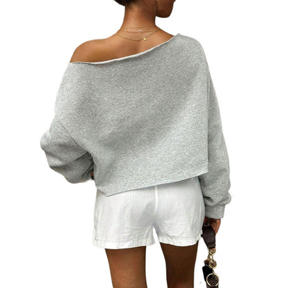 Damen Oversized Sweatshirt Schulterfrei Weiches Innenfleece