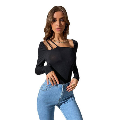 Damen Langarmbody Asymmetrischer Ausschnitt Rüschendetails Norvielle