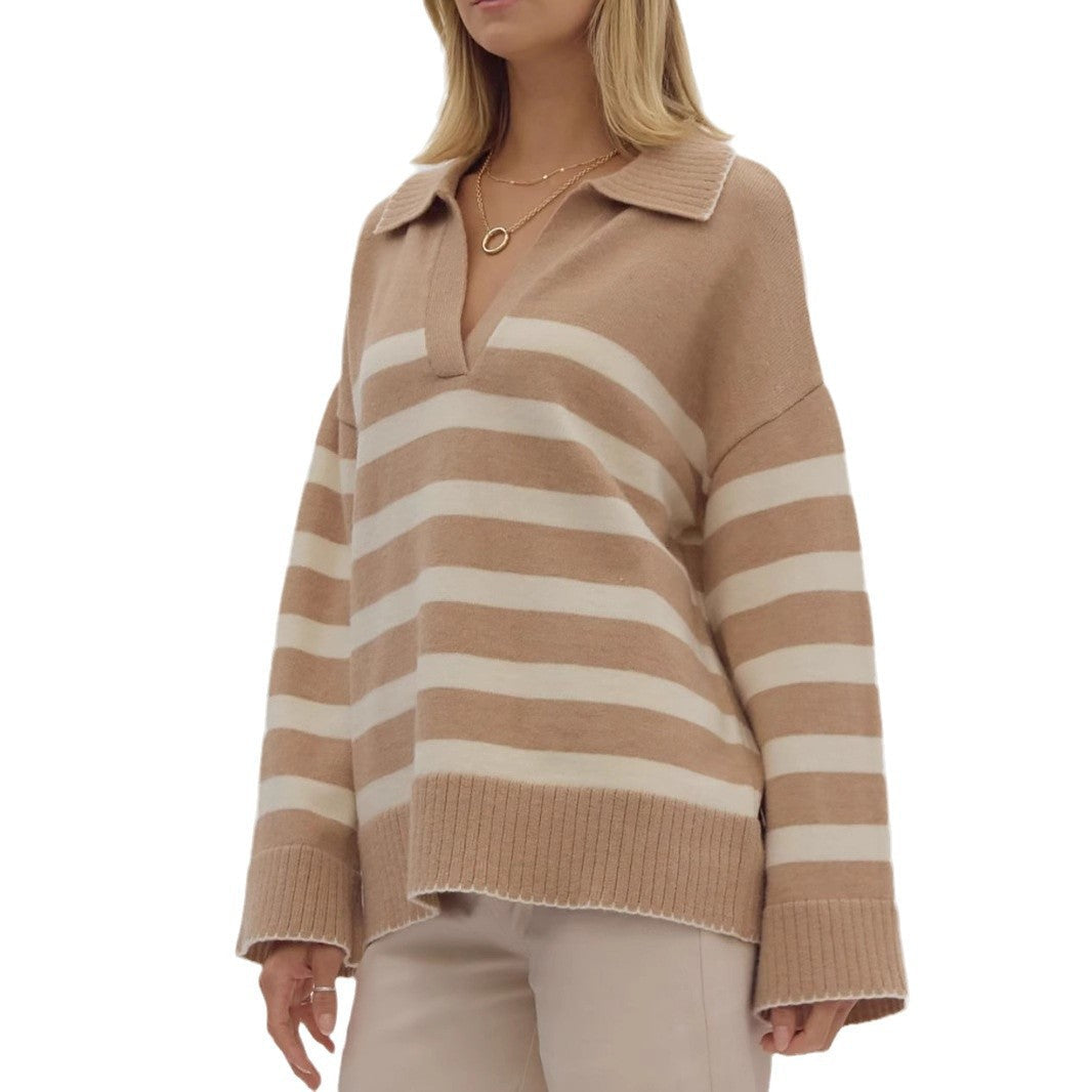 Damen Strickpullover V-Ausschnitt Breites Streifenmuster Norvielle