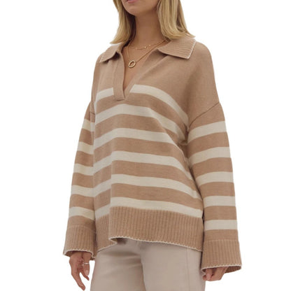 Damen Strickpullover V-Ausschnitt Breites Streifenmuster Norvielle