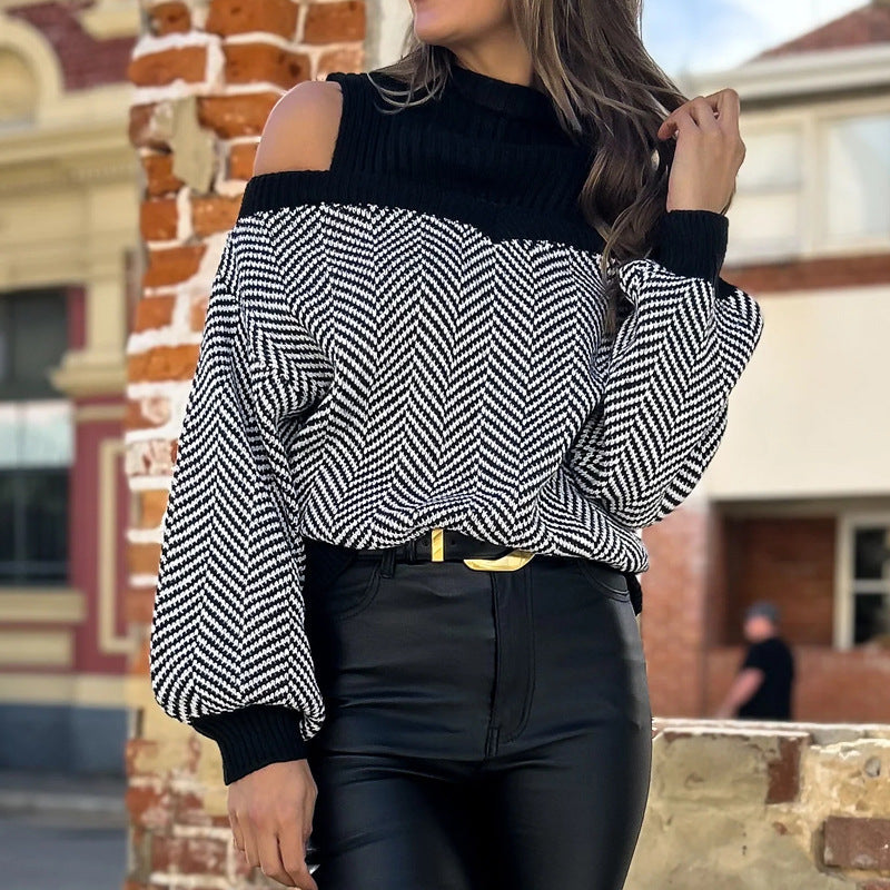 Damen Pullover Schulterauschnitt Zickzackmuster Norvielle