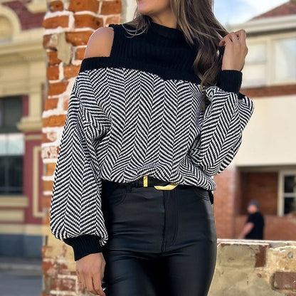 Damen Pullover Schulterauschnitt Zickzackmuster Norvielle